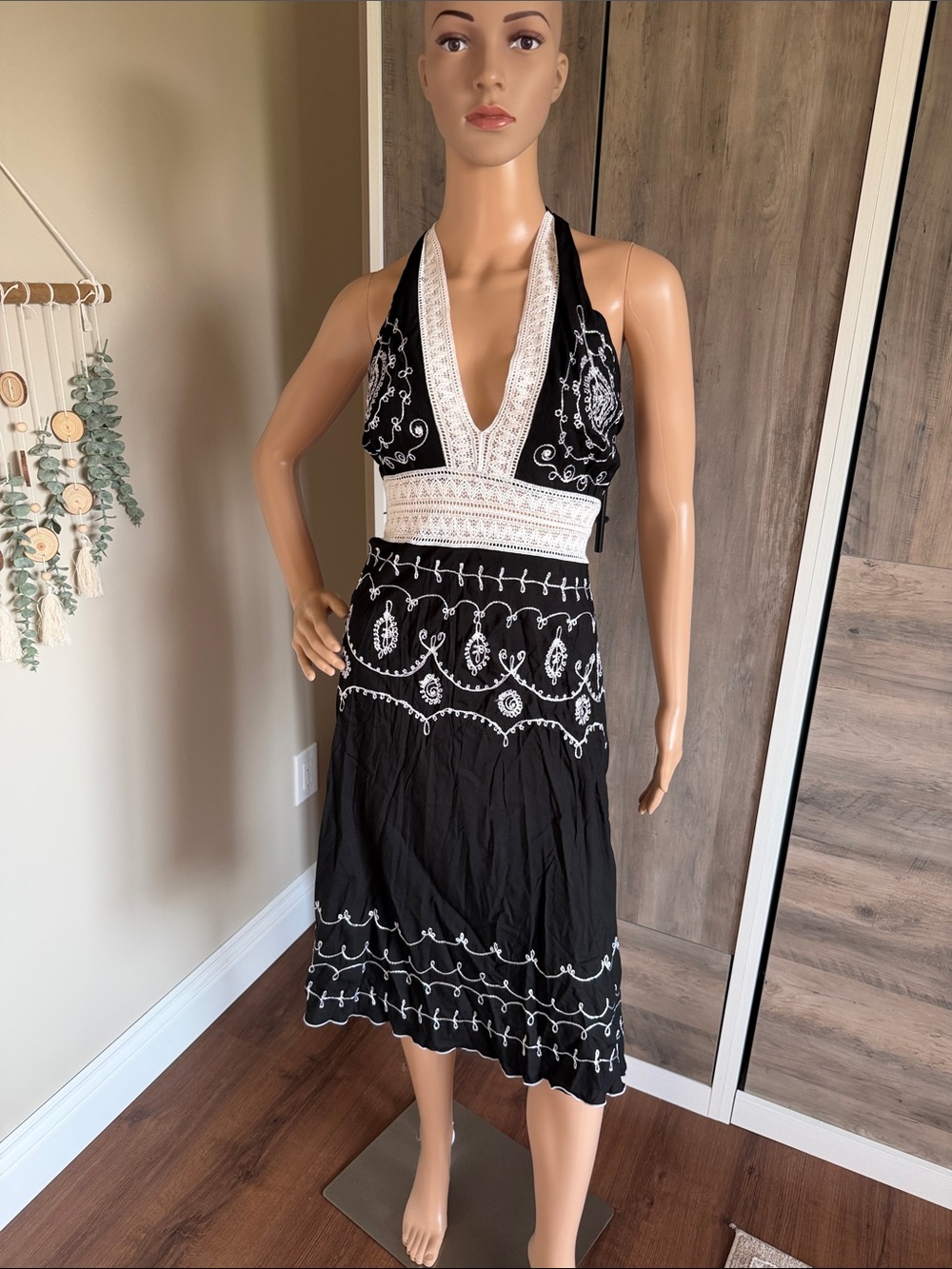 Venus Black Bohemian Embroidered Open Back Midi Halter Dress
